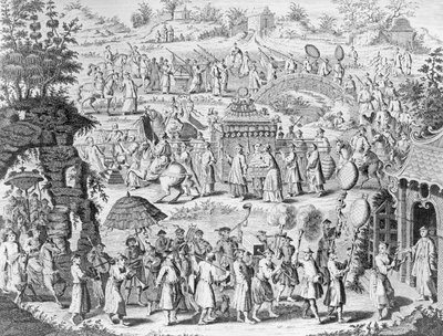 Prozession einer Braut, die zu ihrem Ehemann nach Hause geht, graviert von N. Parr von Chinese School